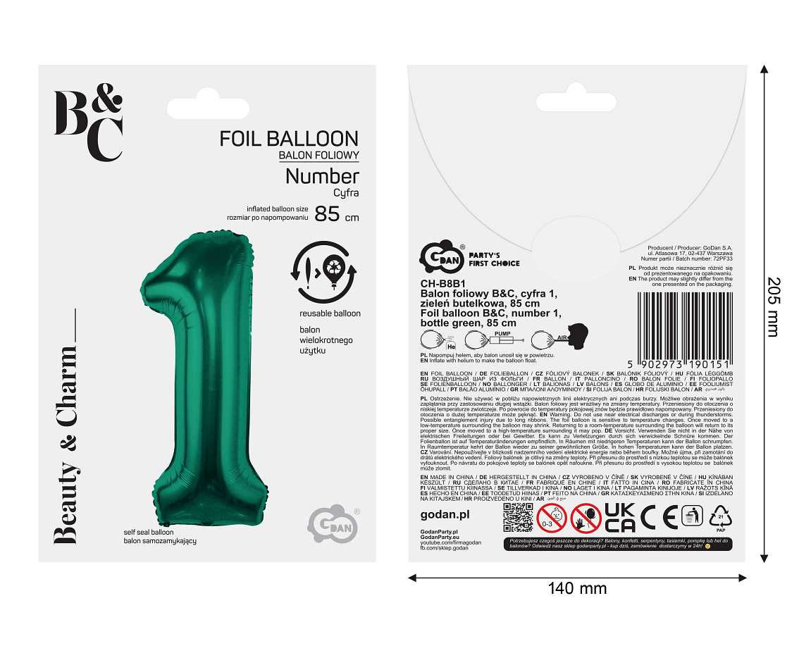 Foil balloon B&C, number 1, bottle green, 85 cm
